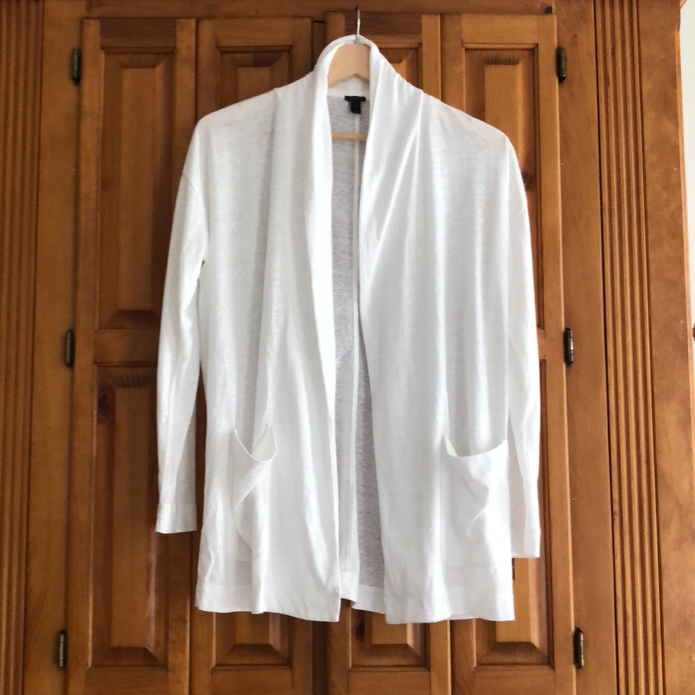 J Crew white open cardigan , pockets , lapels, back seam